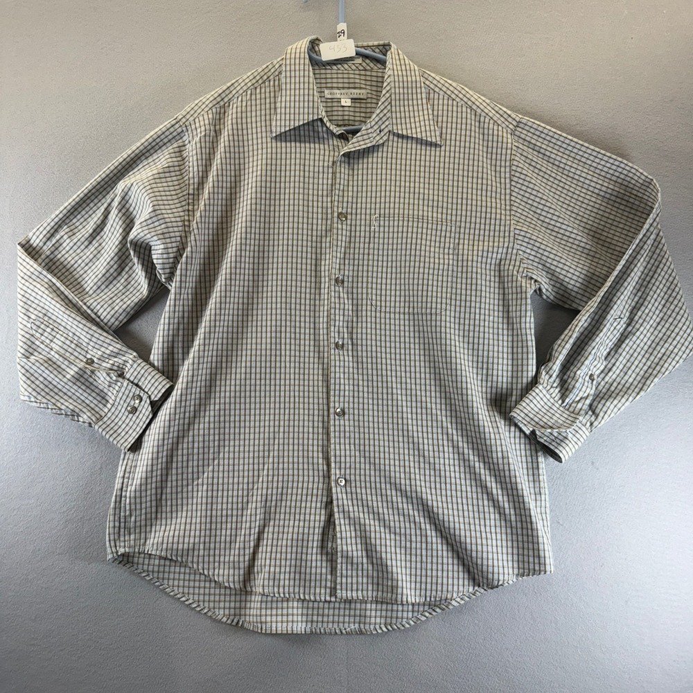 Geoffrey‎ Beene Mens Large Blue Tan Plaid Cotton Blend Button Down Shirt L Long